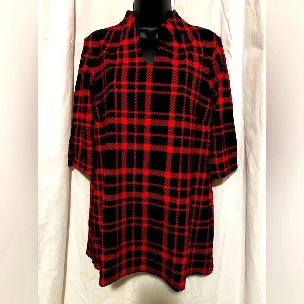 Jude Connally Ryan Ponte Knit Tunic Top In Red Black Plaid Size M